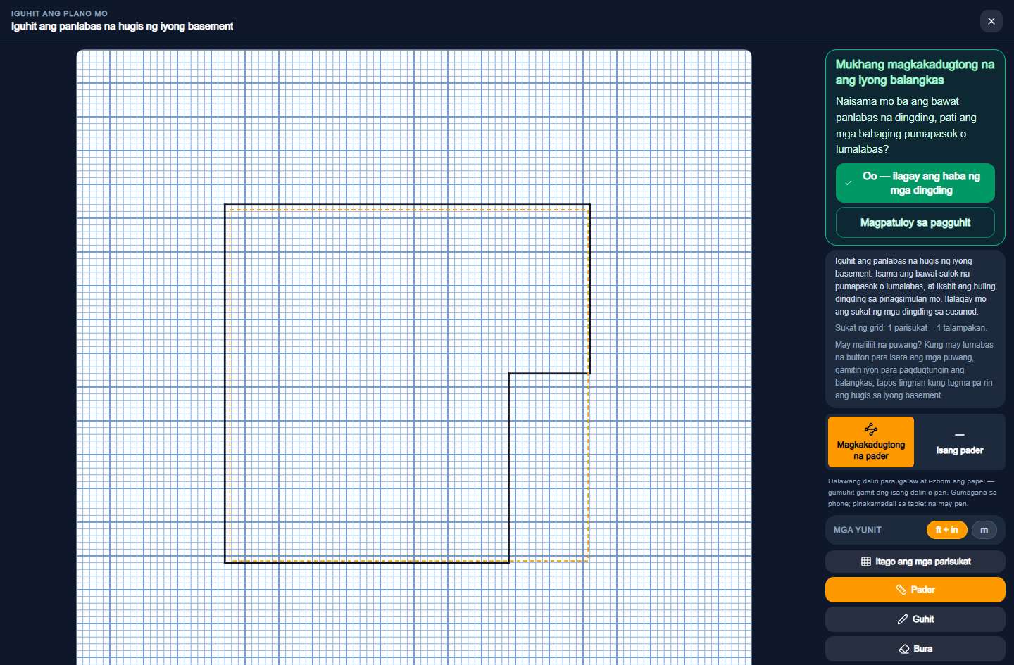Aktuwal na drawing tool na may saradong basement outline at tanong tungkol sa haba ng dingding