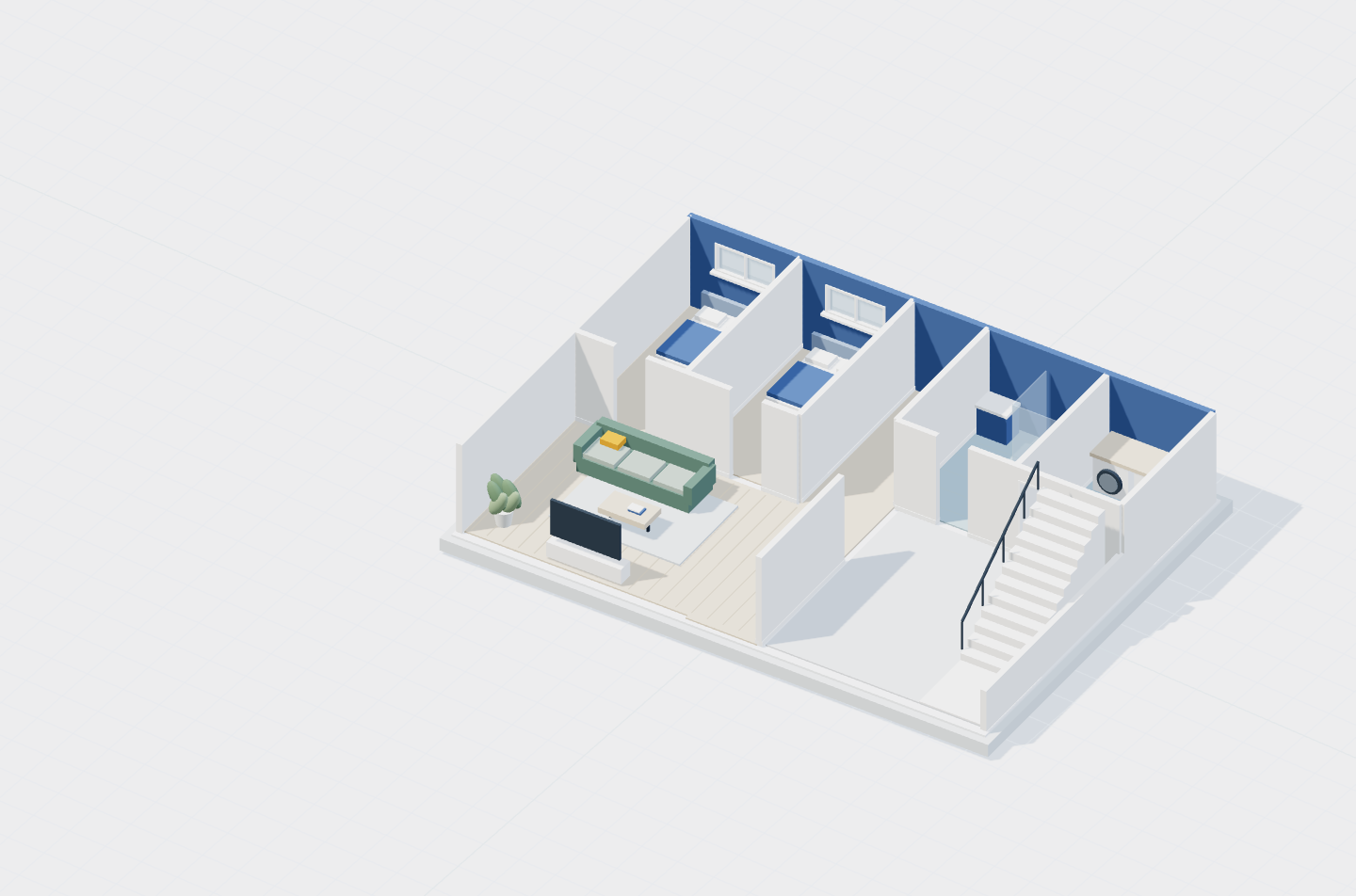 Architectural cutaway of an illustrative basement with bedrooms, a family room, bathroom and laundry